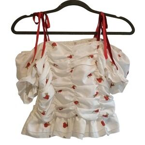 The Whole State Strawberry Print Peasant Top Puff Sleeve Tie Shoulder White XS S